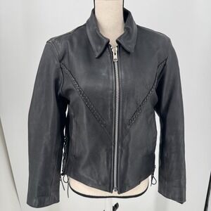 Interstate Leather Motorcycle Jacket WOMENS Black Full Zip Biker Riding Coat S